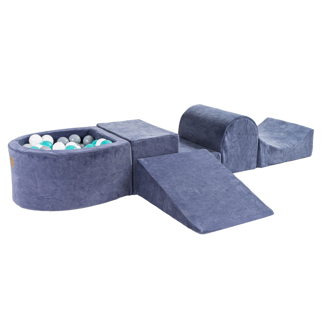 Spielset aus samtig-blaugrauem Schaumstoff mit kleinem Bällebad und 100 Bällen