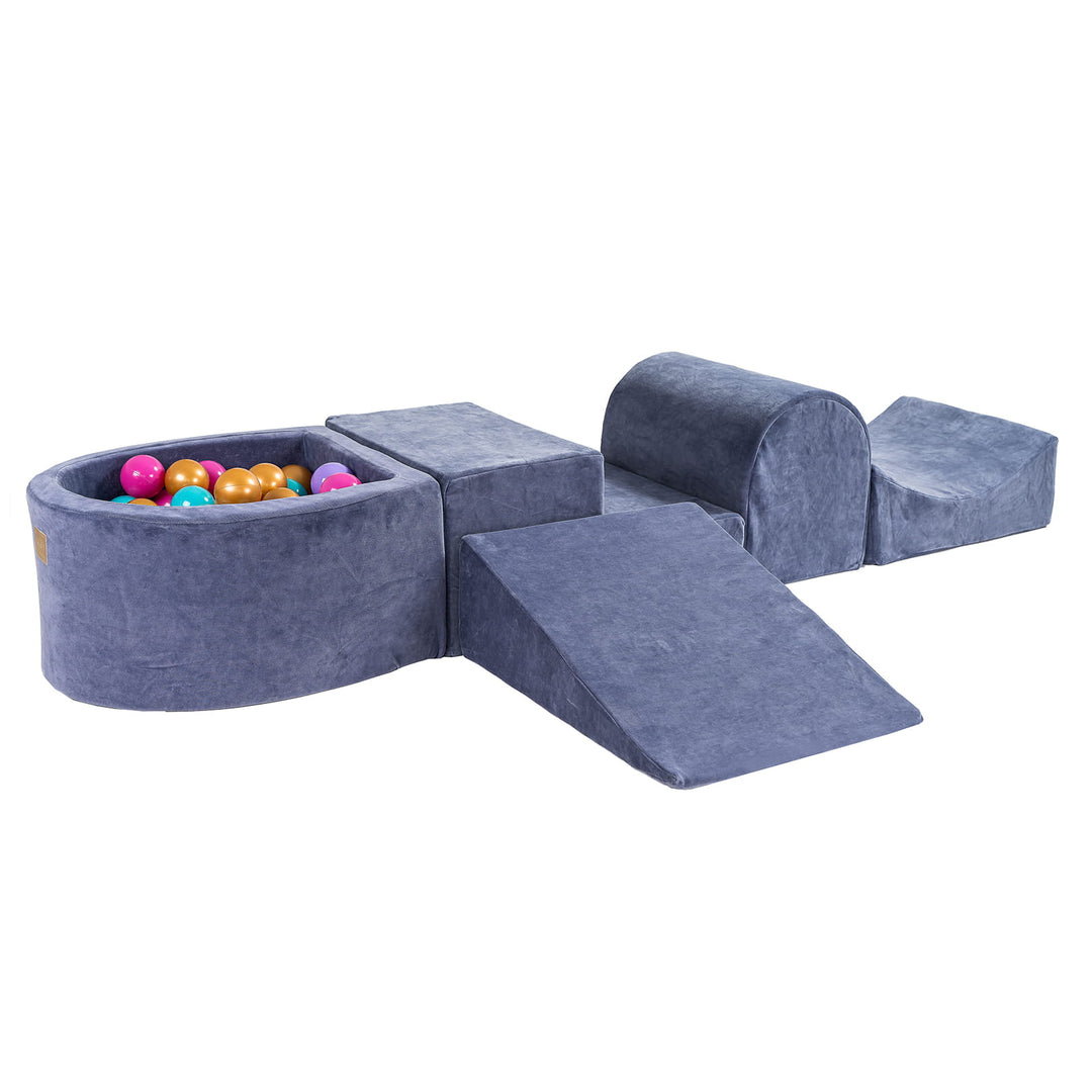 Spielset aus samtig-blaugrauem Schaumstoff mit kleinem Bällebad und 100 Bällen