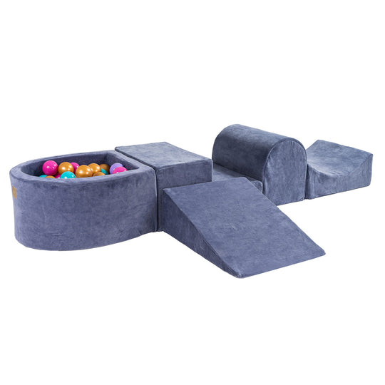 Spielset aus samtig-blaugrauem Schaumstoff mit kleinem Bällebad und 100 Bällen