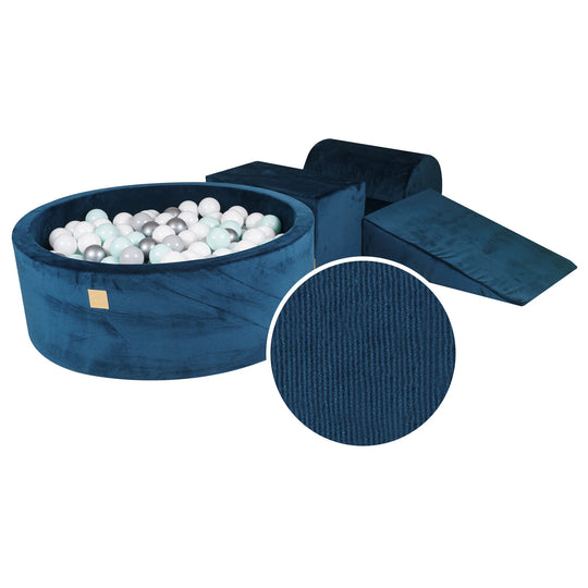 Spielset aus Schaumstoff in Marineblau mit rundem Bällebad aus Cordsamt
