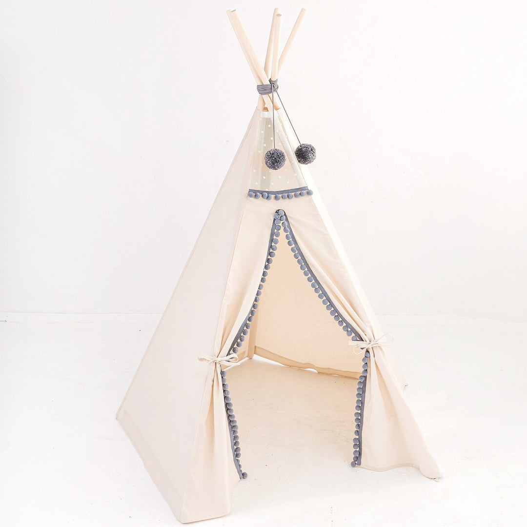 Kinder-Tipi in Off-White mit grauen Pompons