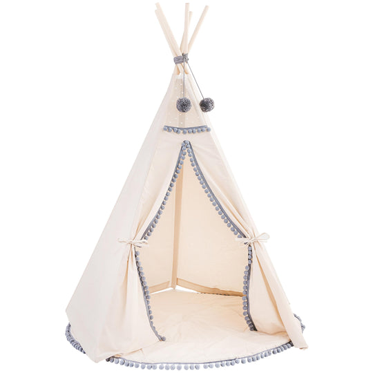 Kinder-Tipi in Off-White mit grauen Pompons