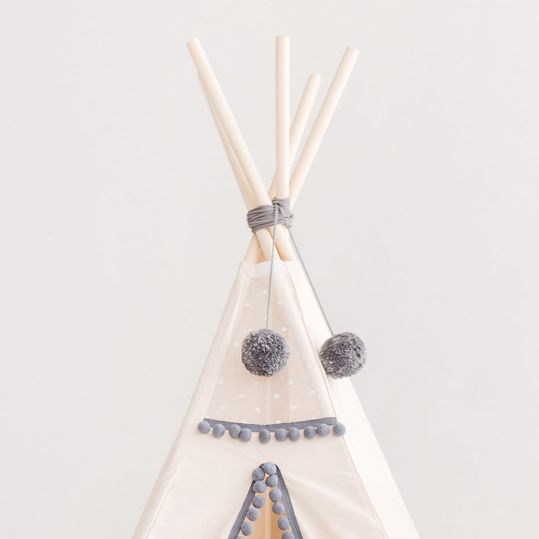Kinder-Tipi in Off-White mit grauen Pompons