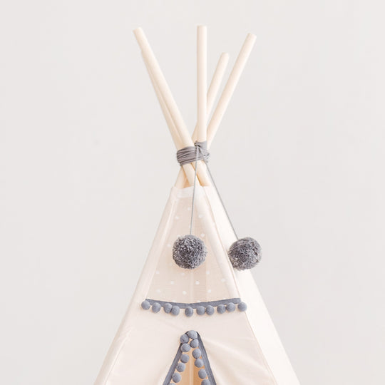 Kinder-Tipi in Off-White mit grauen Pompons
